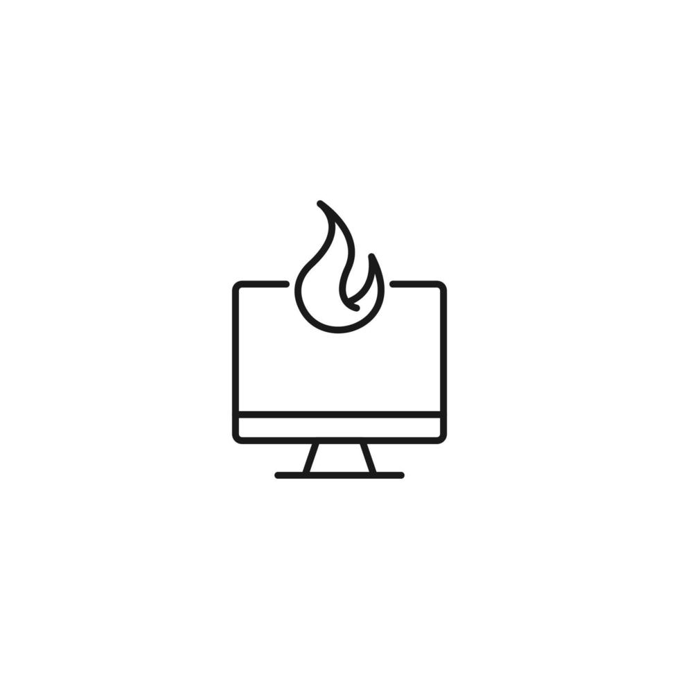 Item on pc monitor. Outline sign suitable for web sites, apps, stores etc. Editable stroke. Vector monochrome line icon of fire or flame on computer monitor