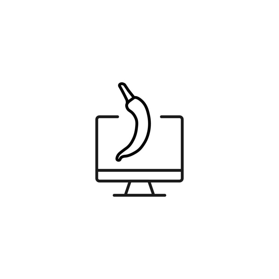 Item on pc monitor. Outline sign suitable for web sites, apps, stores etc. Editable stroke. Vector monochrome line icon of chili pepper on computer monitor