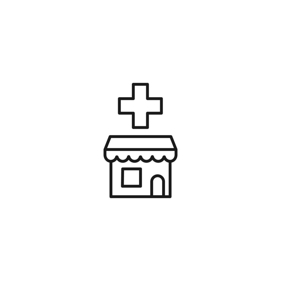 Store and shop concept. Outline sign suitable for web sites, stores, shops, internet, advertisement. Editable stroke drawn with thin line. Icon of medical cross over store vector