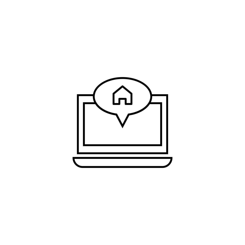 Computer, internet and communication concept. Modern monochrome sign in flat style. Suitable for web sites, stores, books etc. Line icon of house inside of speech bubble on laptop monitor vector