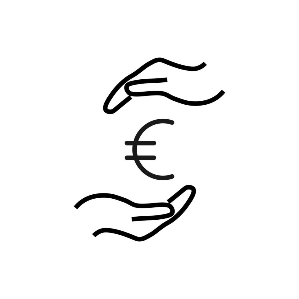 Support and gift signs. Minimalistic isolated vector image for web sites, shops, stores, adverts. Editable stroke. Vector line icon of euro currency between outstretched hands