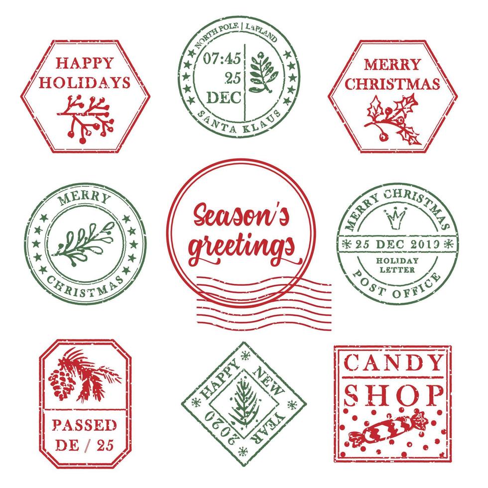 Set of vintage textured grunge christmas stamp rubber with holiday symbols in red, green and blue colors. For xmas greeting card, invitations, web banner, sale flyers retro design vector