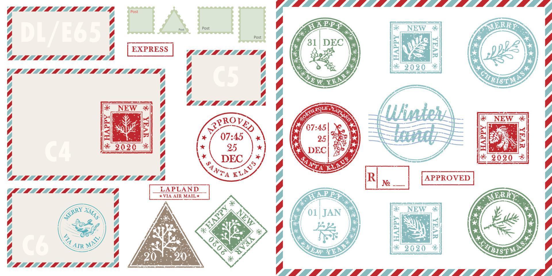 conjunto de postal y sobre de correo aéreo de plantilla vintage. goma de sello de Navidad textura grunge con símbolos de vacaciones en colores tradicionales. lugar para su texto de saludo vector