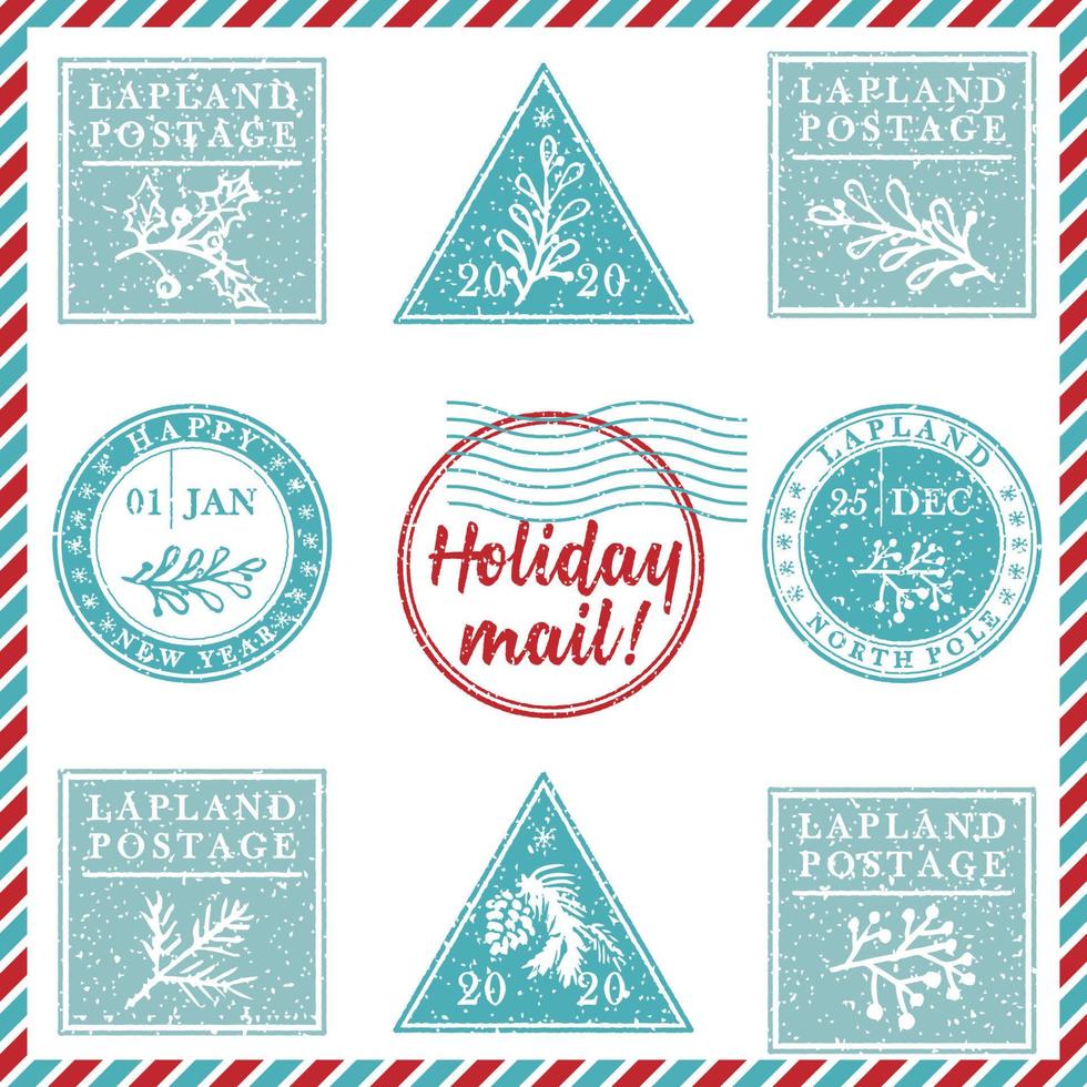 Set of vintage textured grunge christmas stamp rubber with holiday symbols in red, green and blue colors. For xmas greeting card, invitations, web banner, sale flyers retro design vector