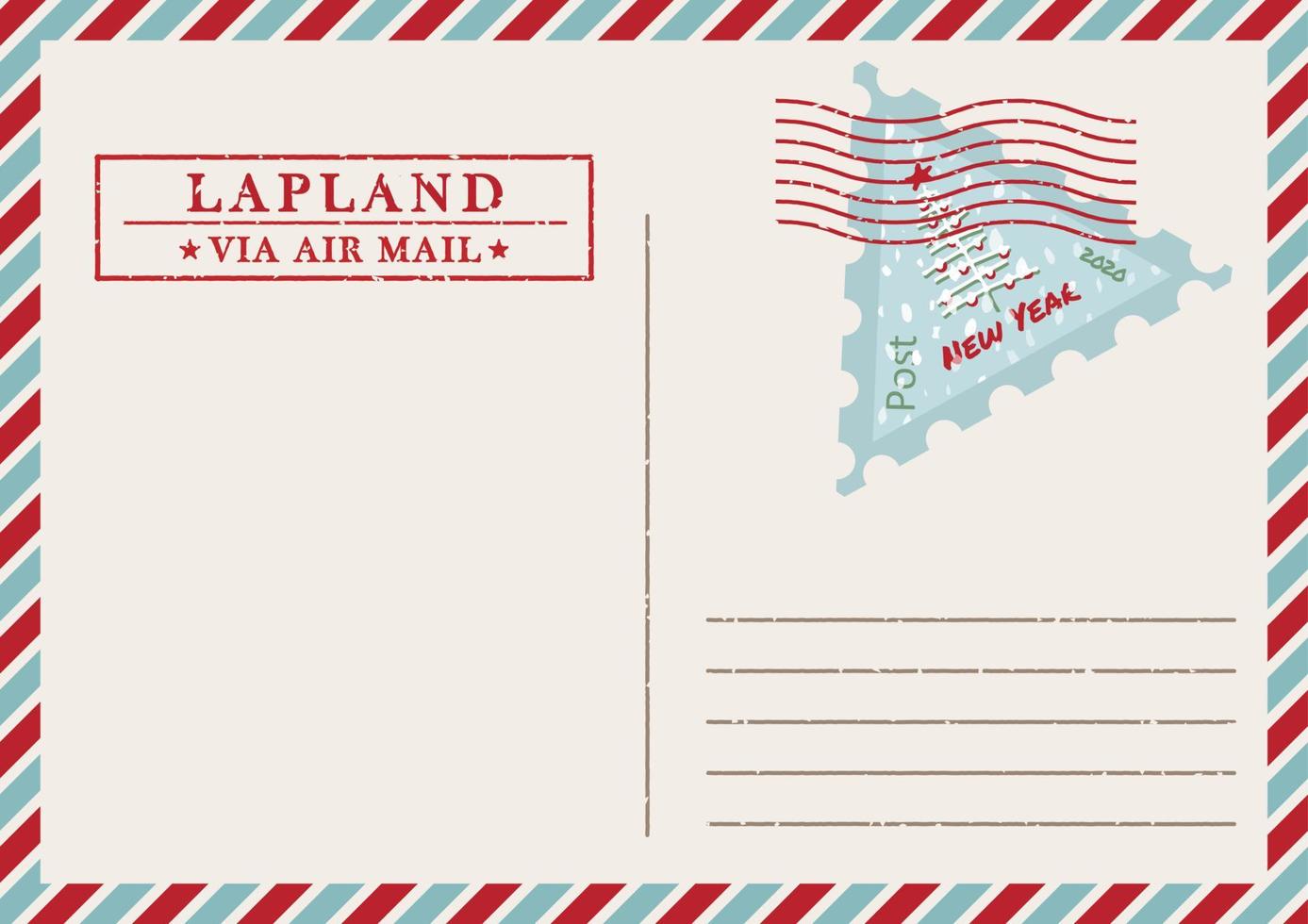 Template of vintage air mail postcard and envelope. Texture grunge christmas stamp rubber with holiday symbols in traditional colors. Place for your greeting text vector