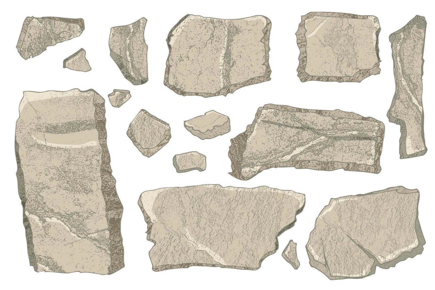 conjunto de piedra. bloques de roca rotos de arte de dibujos animados. montaña de escombros de textura realista aislada en blanco. forma de pared de roca natural. estilo acuarela. piedras de color de la playa del acantilado. ilustración vectorial vector