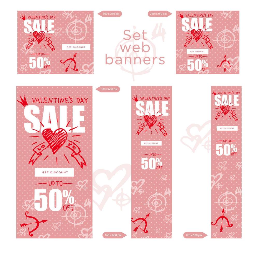 Set of sale valentines day web banner. Graphic element Good idea for retail flyer, special offer. Vintage background, advertising product poster, 50 percent off discount sticker vector