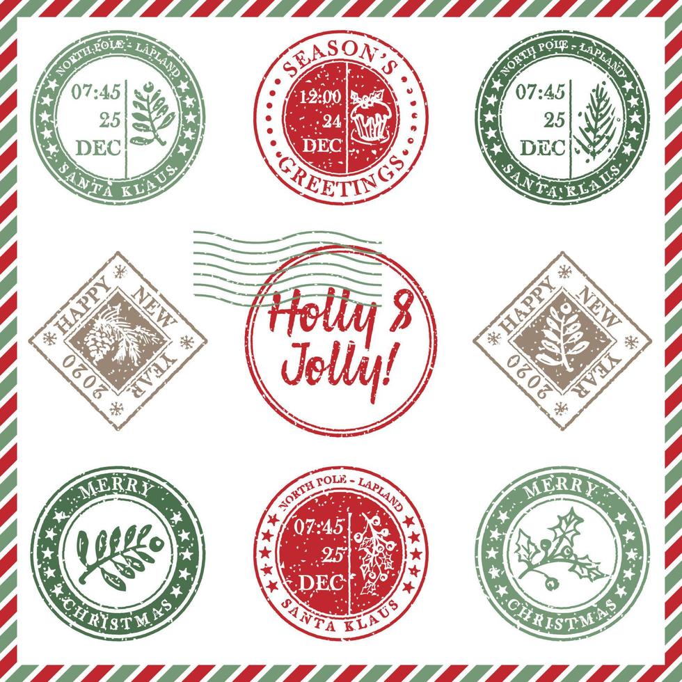 conjunto de goma de sello de Navidad de grunge con textura vintage con símbolos de vacaciones en colores rojo, verde y azul. para tarjetas de felicitación navideñas, invitaciones, banner web, volantes de venta diseño retro vector