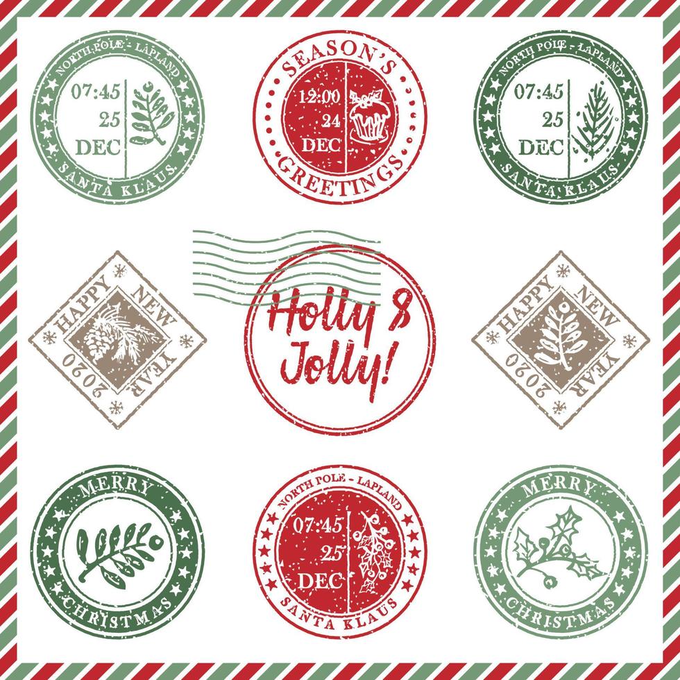 Set of vintage textured grunge christmas stamp rubber with holiday symbols in red, green and blue colors. For xmas greeting card, invitations, web banner, sale flyers retro design vector