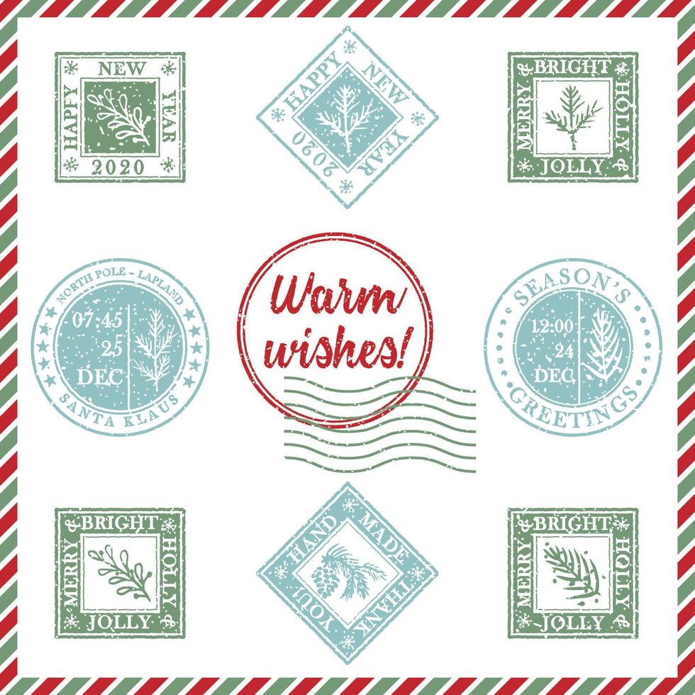 conjunto de goma de sello de Navidad de grunge con textura vintage con símbolos de vacaciones en colores rojo, verde y azul. para tarjetas de felicitación navideñas, invitaciones, banner web, volantes de venta diseño retro vector