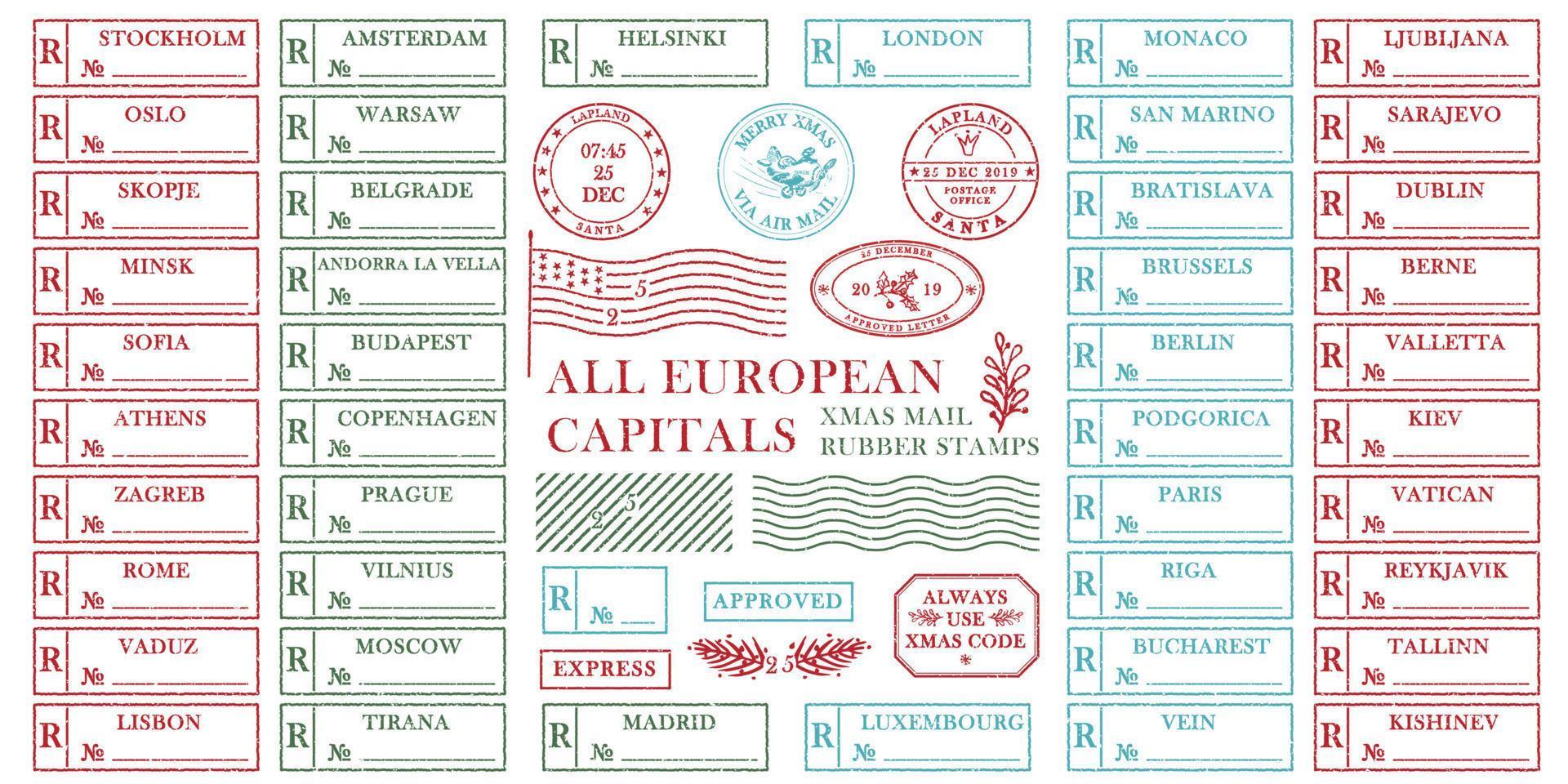 Set of vintage textured grange christmas stamp rubber with holiday symbols in red, green and blue colors All European capitals For xmas greeting card, invitations, web banner, sale flyers retro design vector