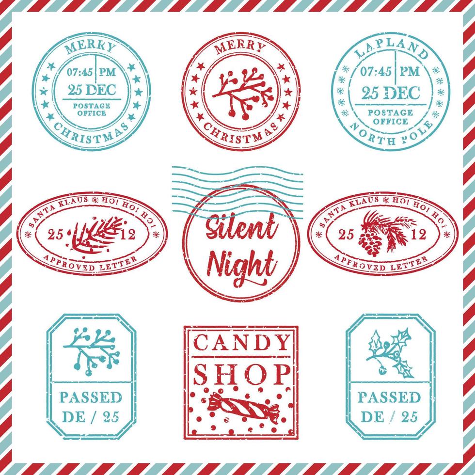 Set of vintage textured grunge christmas stamp rubber with holiday symbols in red, green and blue colors. For xmas greeting card, invitations, web banner, sale flyers retro design vector