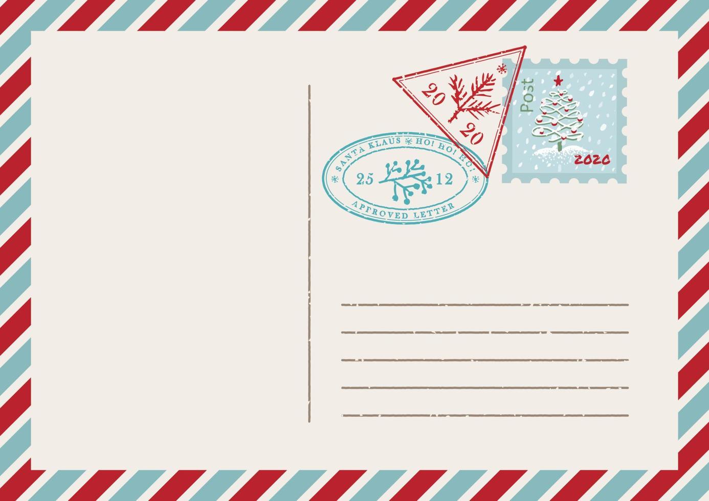 Template of vintage air mail postcard and envelope. Texture grunge christmas stamp rubber with holiday symbols in traditional colors. Place for your greeting text vector