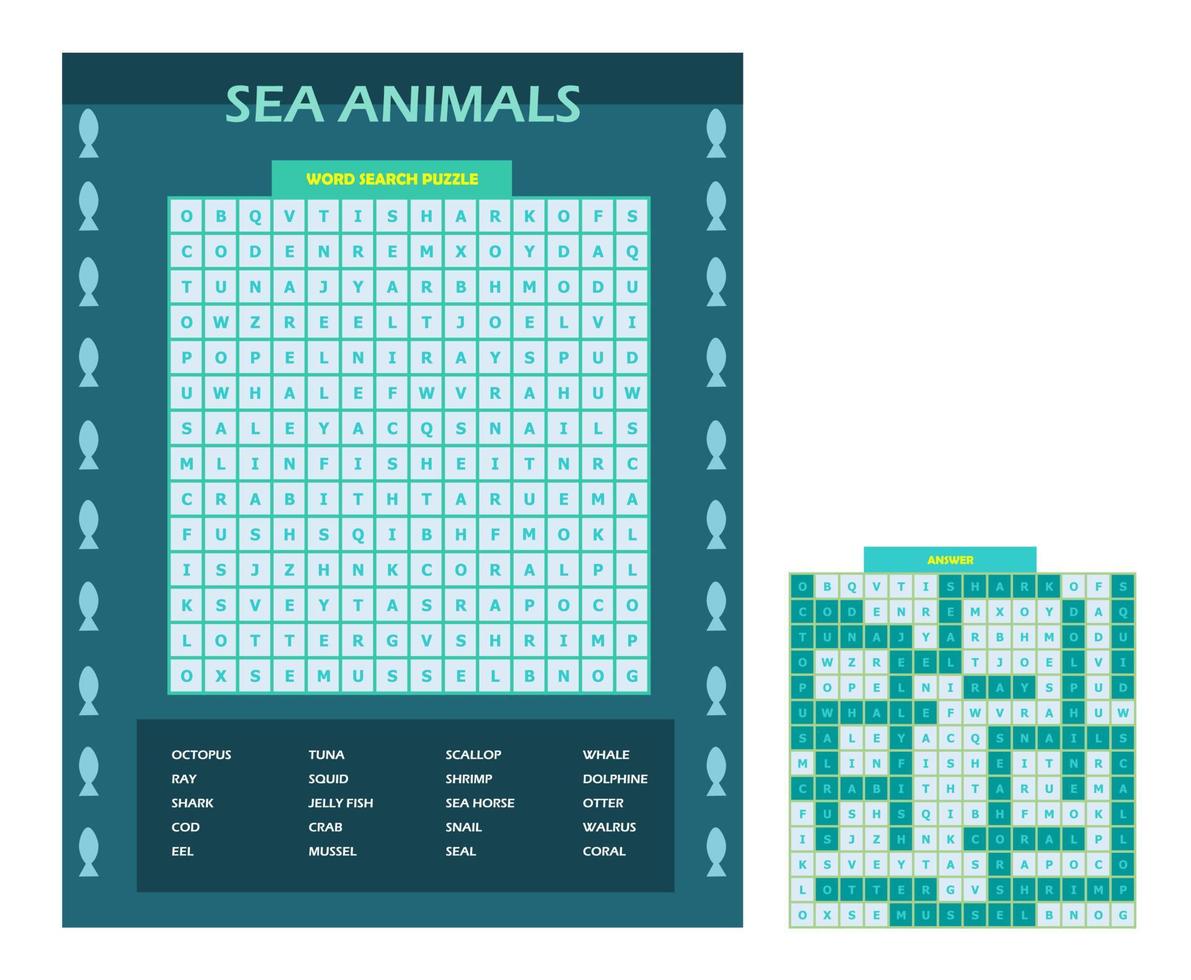 Rompecabezas de búsqueda de palabras para imprimir. Divertida hoja de trabajo de vocabulario para aprender palabras en inglés. encontrar palabras ocultas. tarjeta de fiesta juego educativo para niños y adultos. tema de animales marinos, tema de vida marina. vector