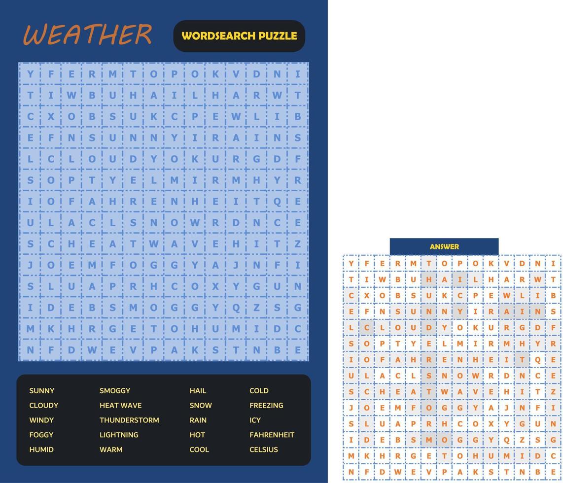 Printable word search puzzle. Fun vocabulary worksheet for learning English words. Find hidden words. Party card. Educational game for kid and adult. The weather theme. vector