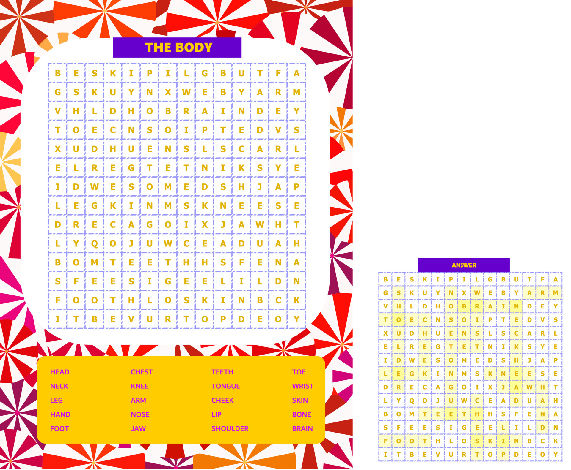 Rompecabezas de búsqueda de palabras para imprimir. Divertida hoja de