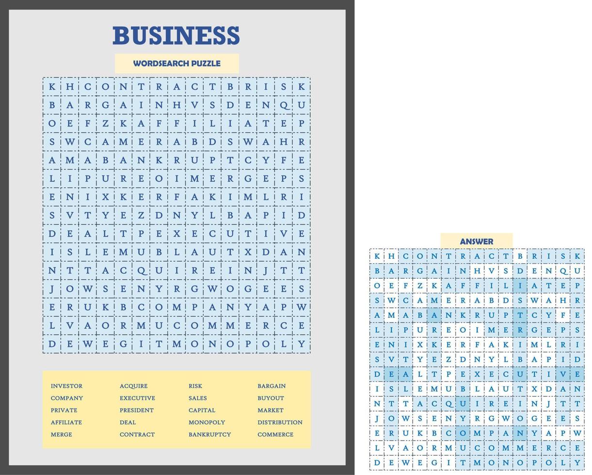 Printable word search puzzle. Fun vocabulary worksheet for learning English words. Find hidden words. Party card. Educational game for kid and adult. Business theme. vector