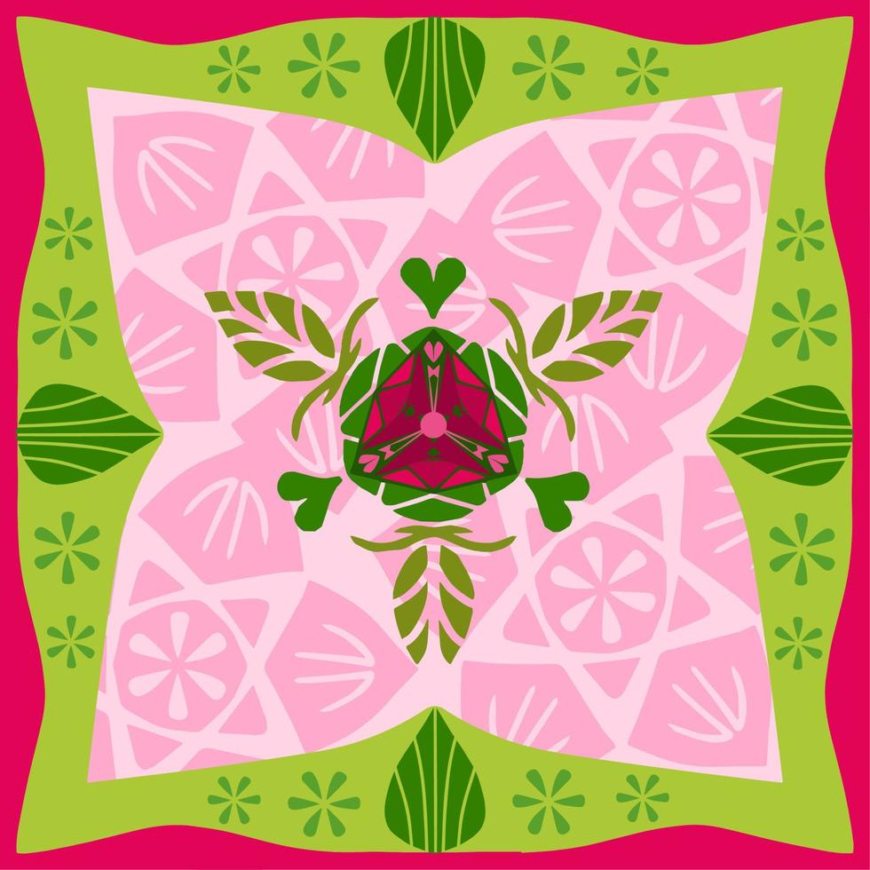 Green Pink Silk scarf pattern design useful for kerchief, bandana, neck wear, shawl, hijab, fabric, wallpaper, carpet, or blanket. Artwork for fashion printing. vector