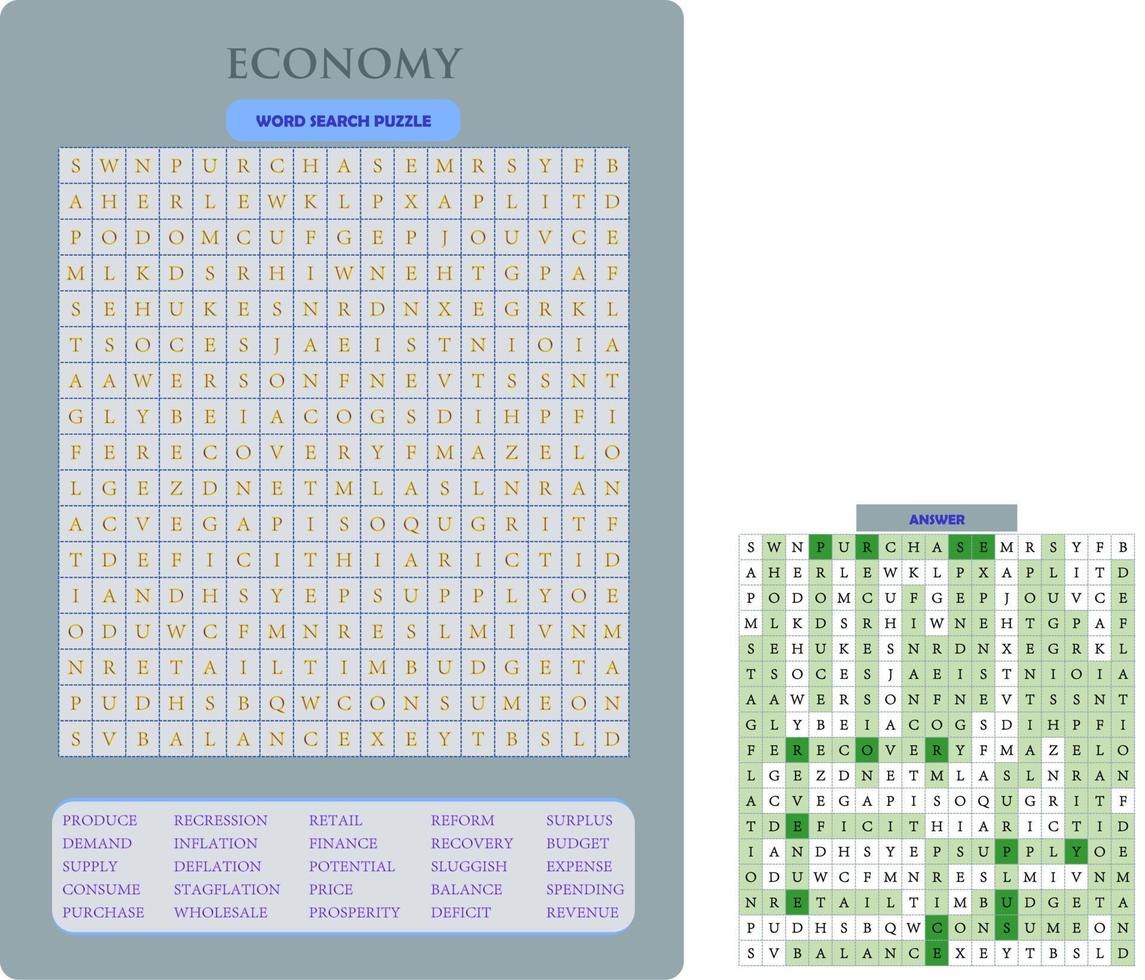Printable word search puzzle. Fun vocabulary worksheet for learning English words. Find hidden words. Party card. Educational game for kid and adult. Economy Theme. vector