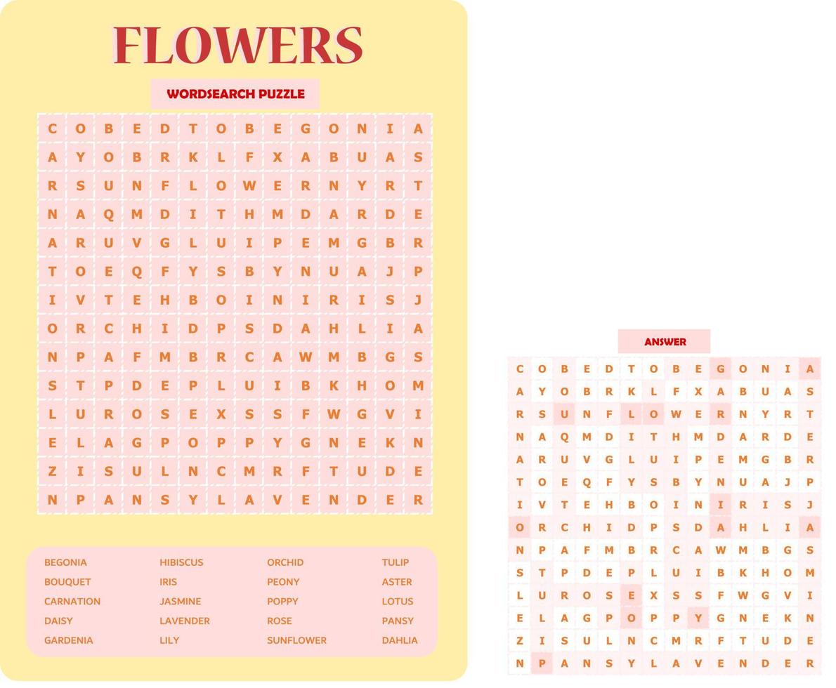 Printable word search puzzle. Fun vocabulary worksheet for learning English words. Find hidden words. Party card. Educational game for kid and adult. Flowers theme. vector