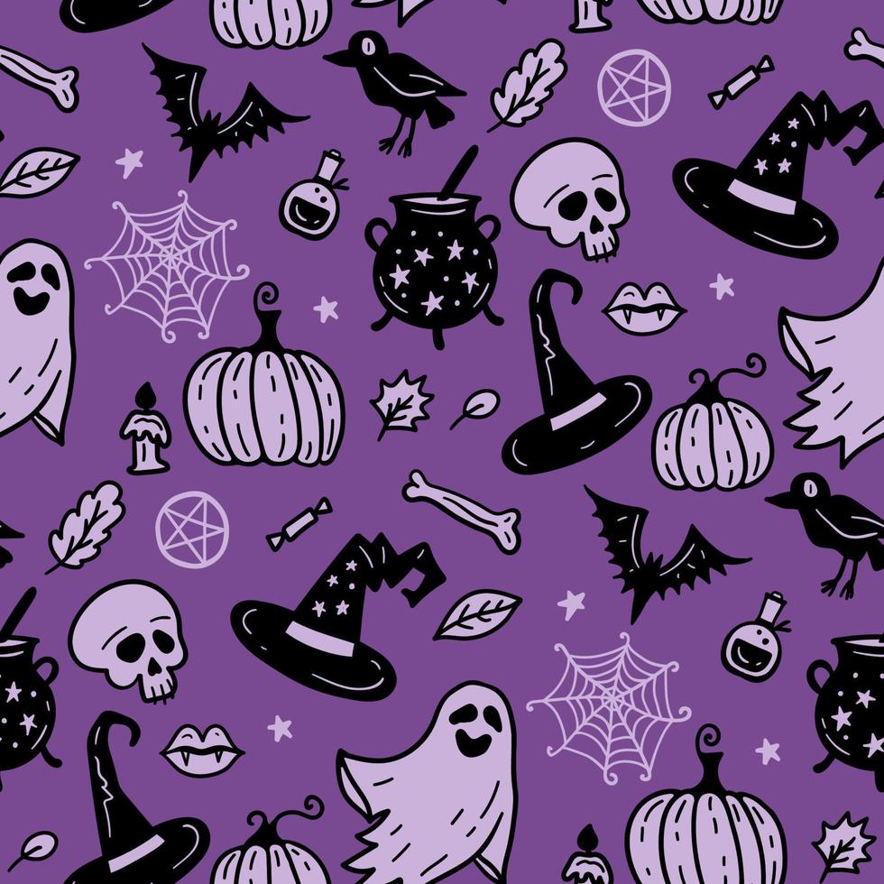 Violet seamless vector pattern, magic hand drawn doodle hat, pumpkin, ghost