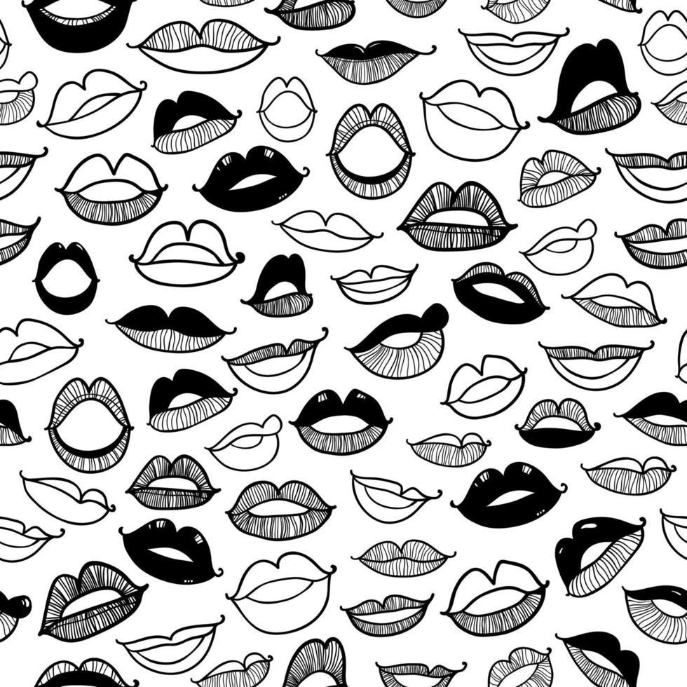 Vector Monochrome seamless pattern with contour sketch sexy lips on white