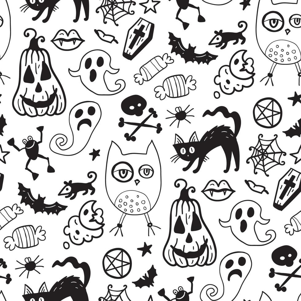 Monochrome seamless pattern of horror Halloween hand drawn doodle elements. vector