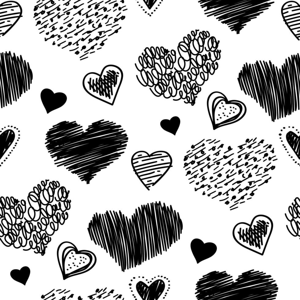 Hand drawn scribble sketch hearts seamless pattern. Abstract line black vector