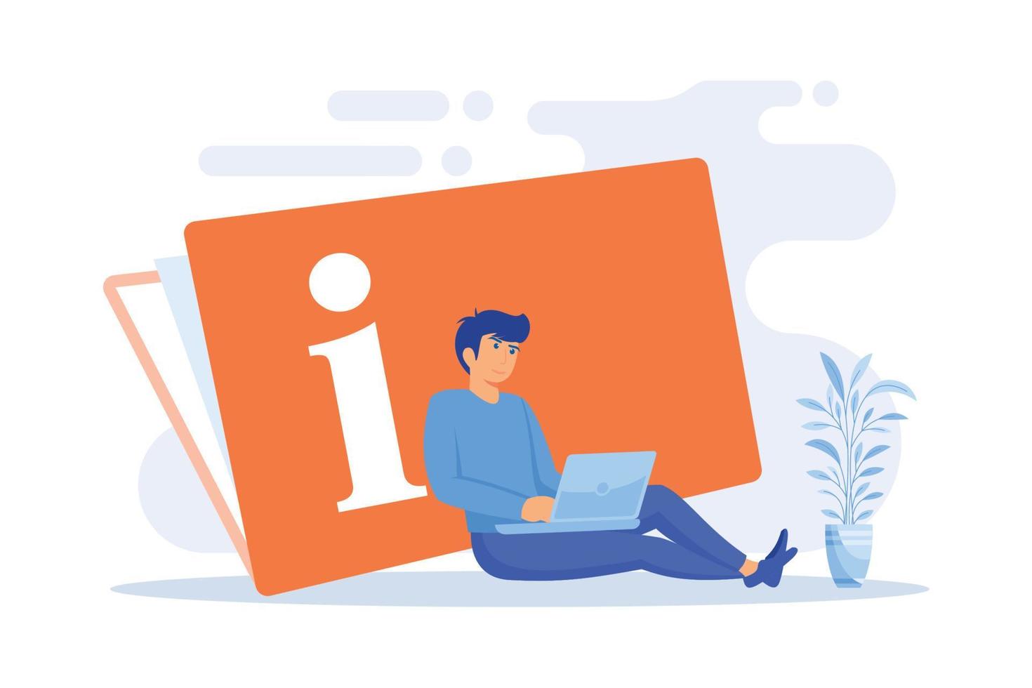 Instruction manual. Smart man with laptop studying handbook, reading guidebook cartoon character. Use terms, tutorial guide, digital documentation. flat vector modern illustration