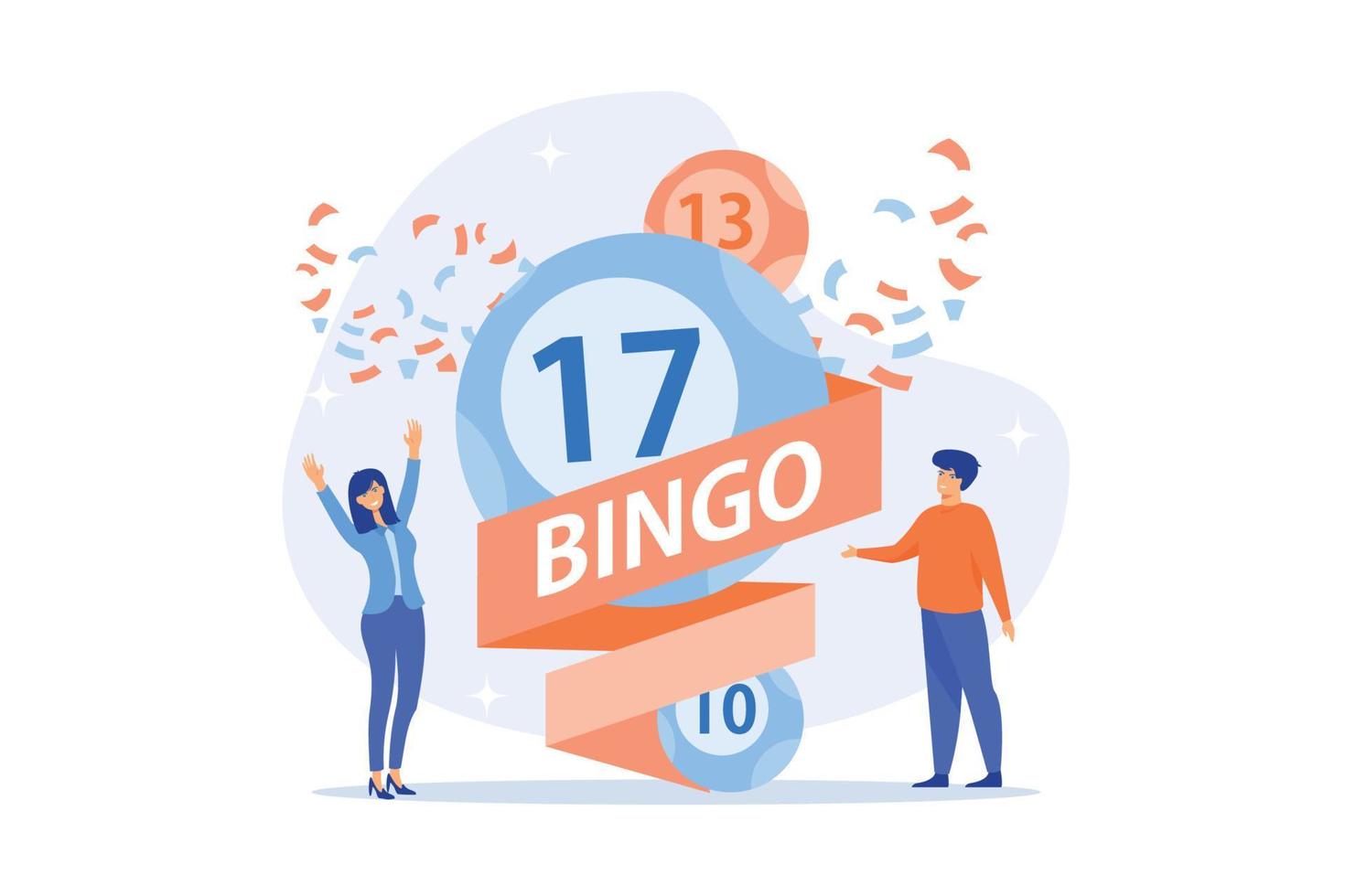 Businessman and woman winners and bingo lottery balls with lucky numbers, tiny people. Lottery money game, lucky raffle ticket, bingo game concept. flat vector modern illustration