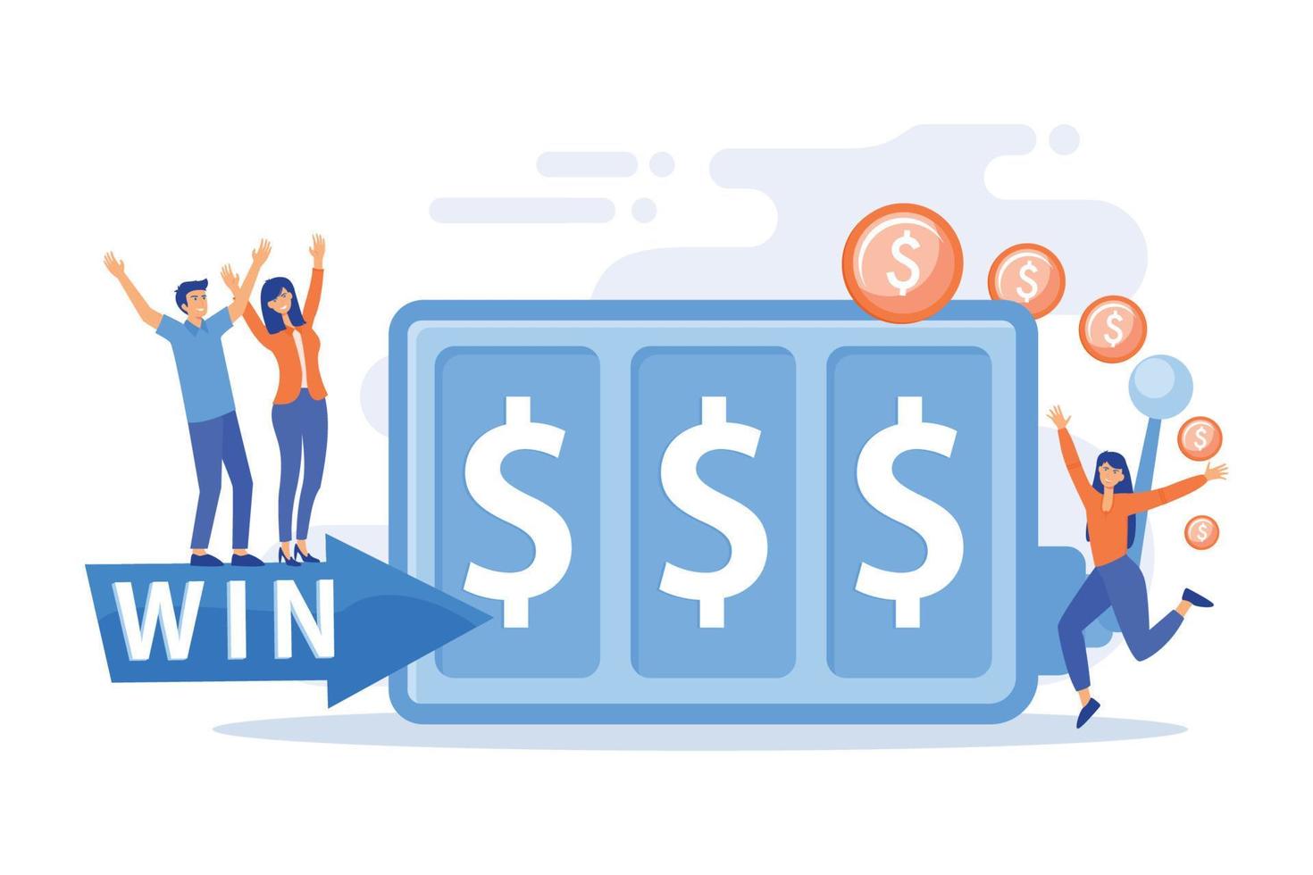 Lucky tiny people gambling and winning money at slot machine with dollar sign. Slot machine, money game winner, jackpot win concept. flat vector modern illustration