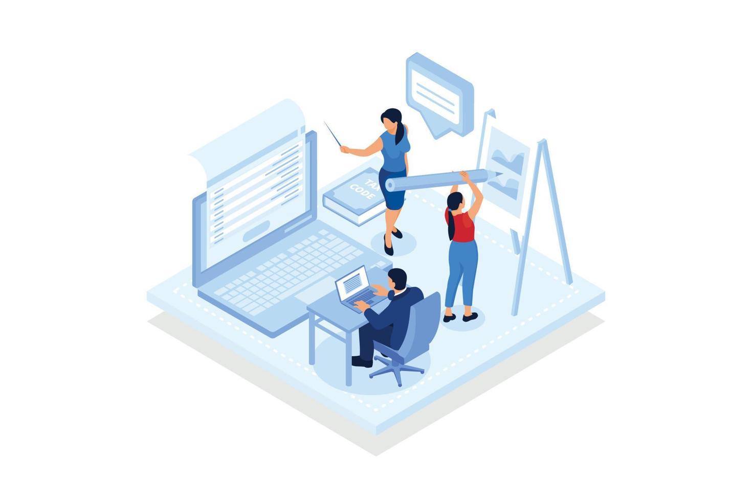 Create class. Elearning teaching software interface, creating a virtual classroom, online training features.isometric vector modern illustration