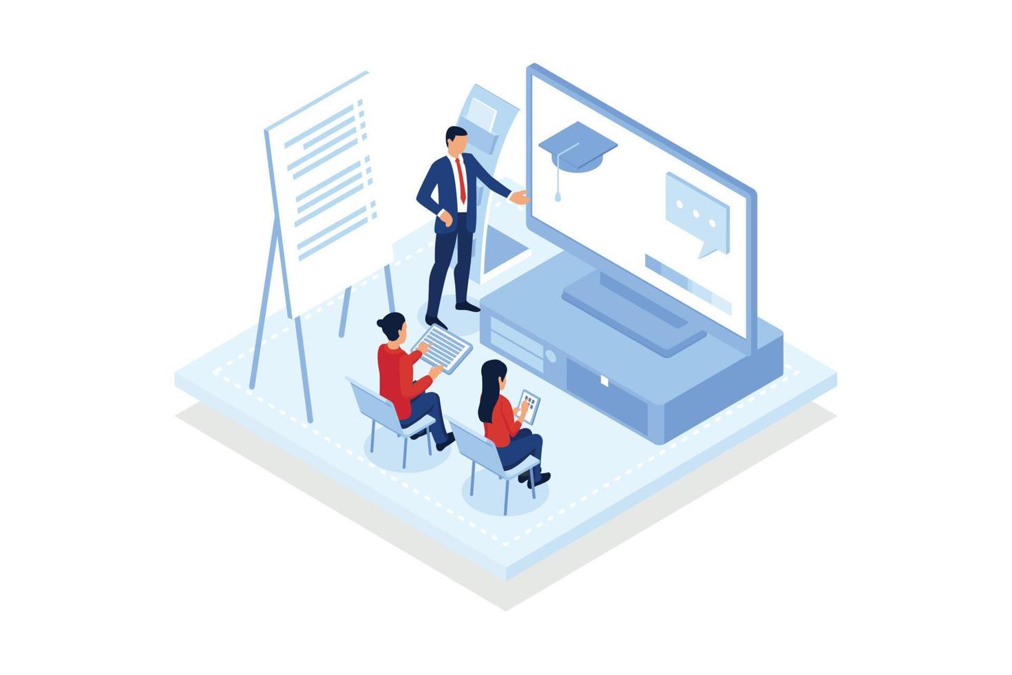 Join class. People joining smart classes via teaching software, video conferencing, data visualizations, online training.isometric vector modern illustration
