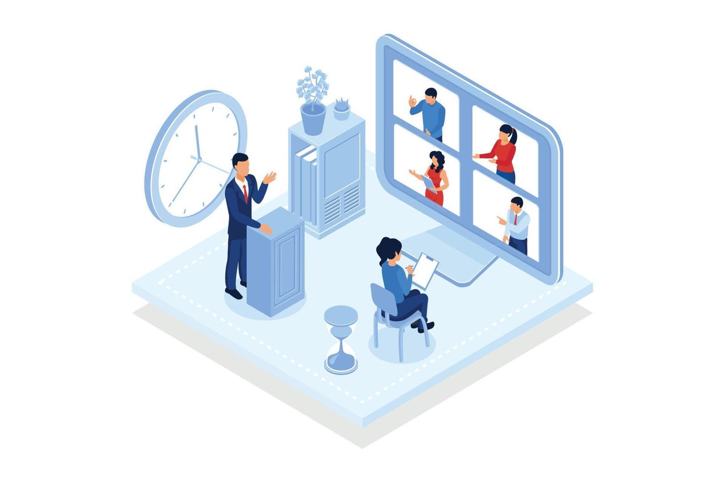 Digital podium. Student uses digital podium in virtual classroom, smart classes, video conferencing, data visualizations.isometric vector modern illustration