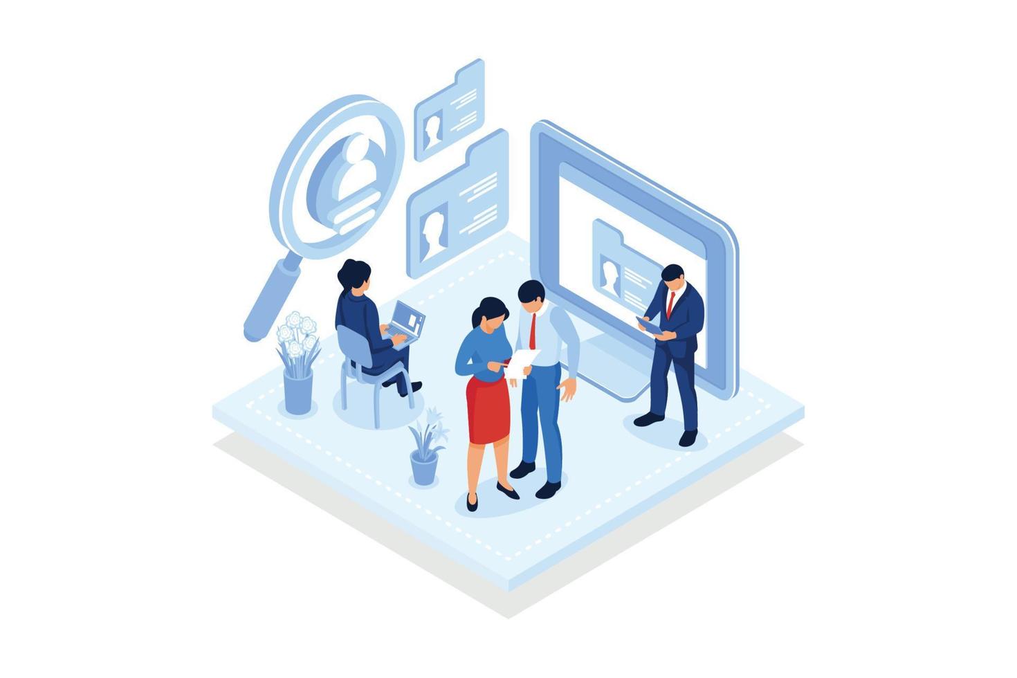 Talent search. HR specialist searching for an applicant using laptop, human resources manager, recruiting process.isometric vector modern illustration