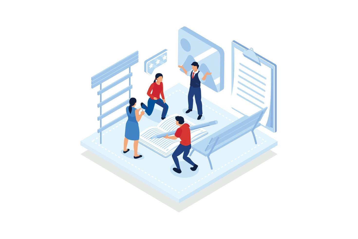 Students project. Creative project presentation, celebrating successful project defense, educational process, sharing idea. isometric vector modern illustration