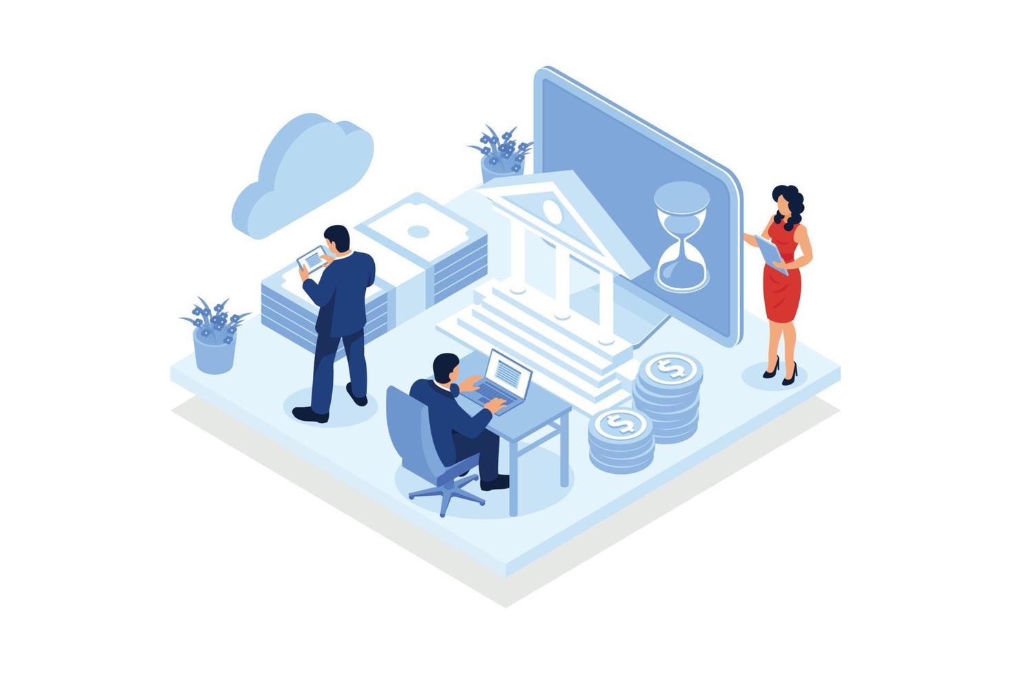 Online transfer . People control online money transfer using computer and smartphone app, remote work, freelancers payroll. isometric vector modern illustration