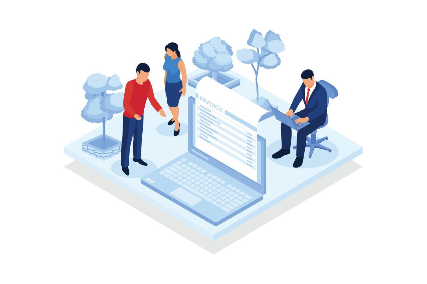 Fill out an invoice. Freelance worker filling an invoice using computer, remote work, distance job payroll, digital nomad. isometric vector modern illustration