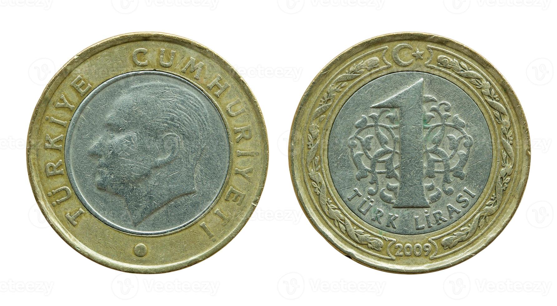 Monedas de una lira turca aisladas en blanco foto