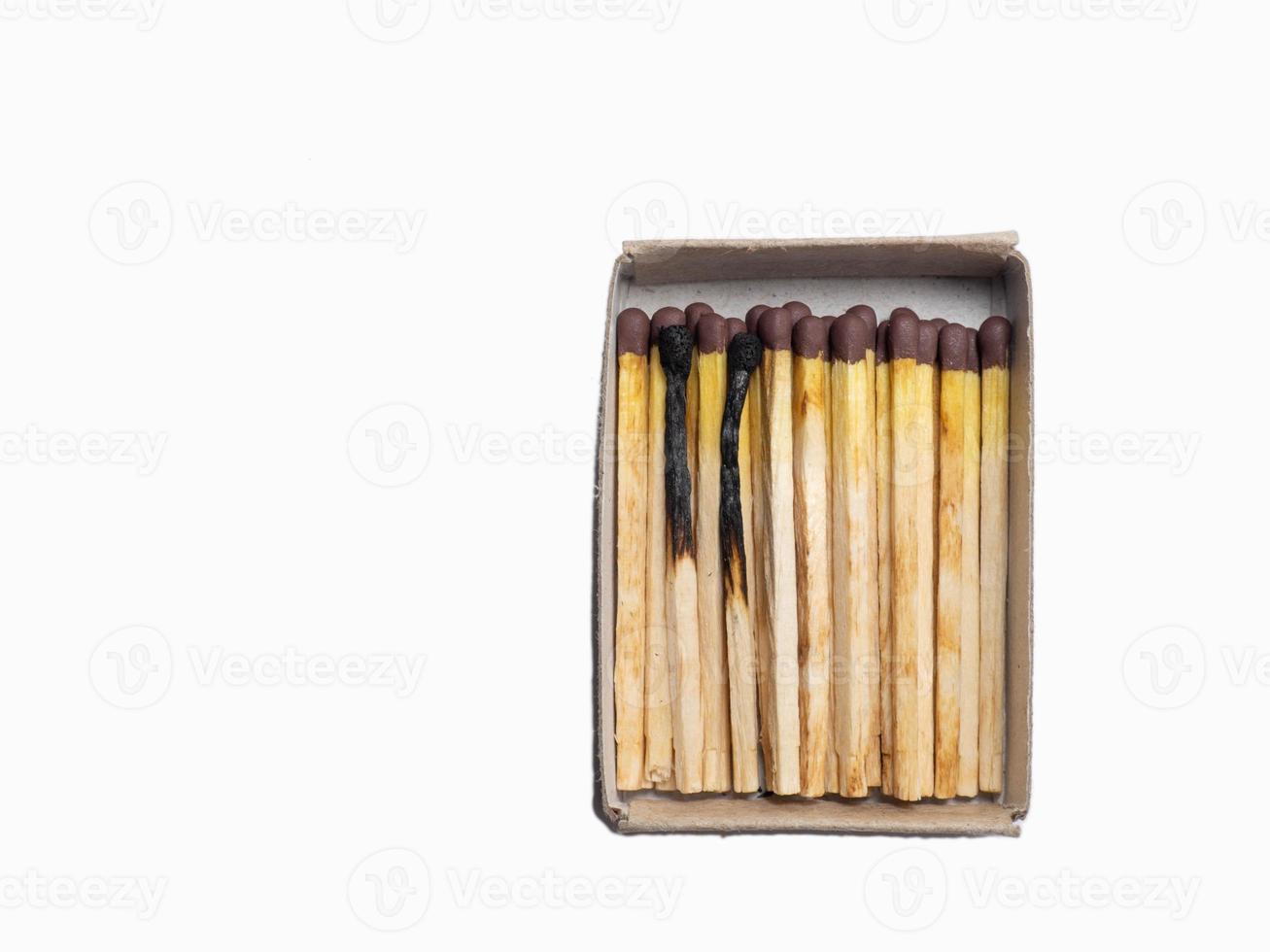 Matchbox on a white background. Burnt match in the box. photo