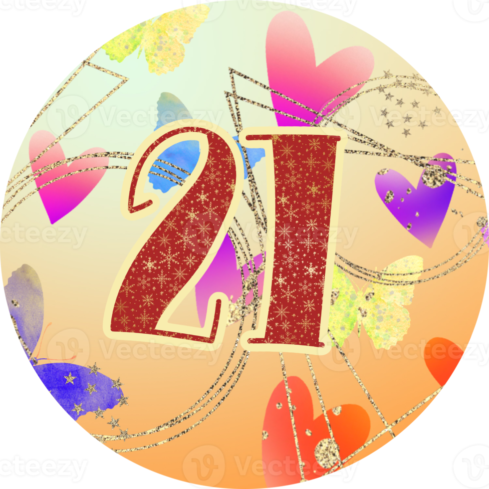 21, birthday, wedding, Christmas advent calendar. Hearts, gold texture, butterflies, number, letter. png