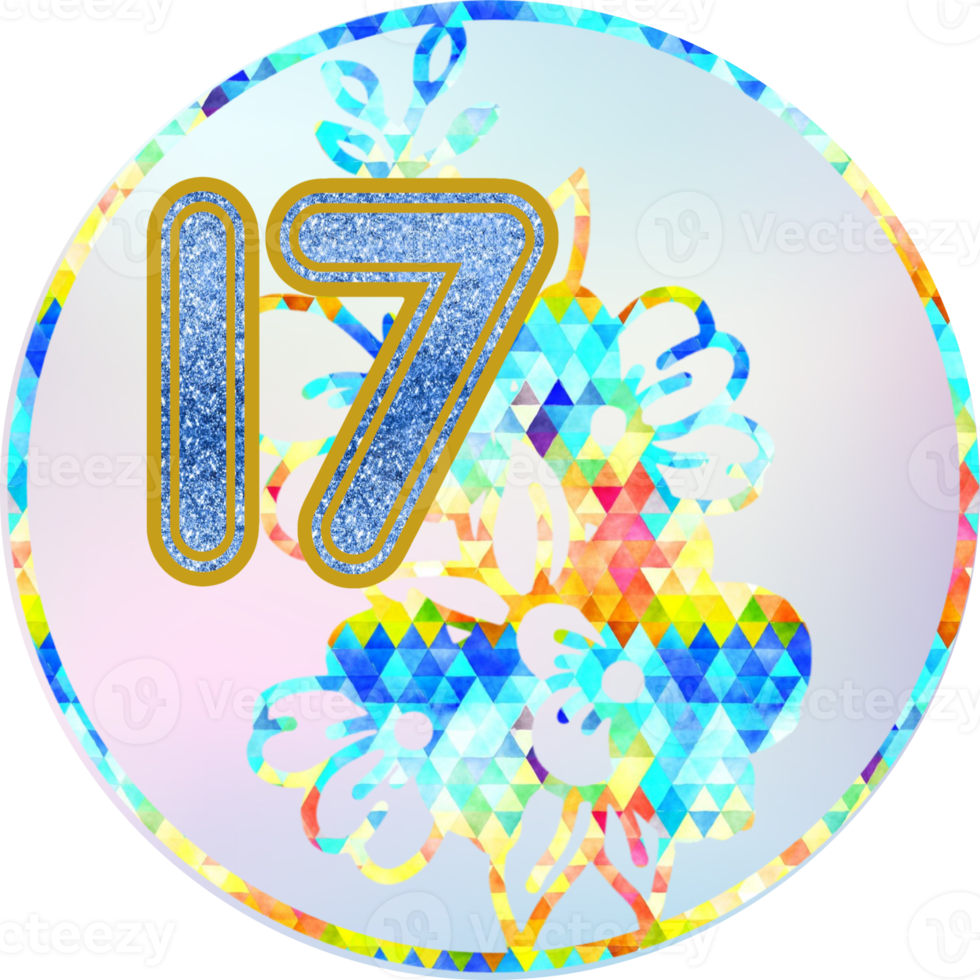 17, 17 th birthday, year, Christmas advent calendar. Wedding, celebration template. Flowers, glitter texture. png