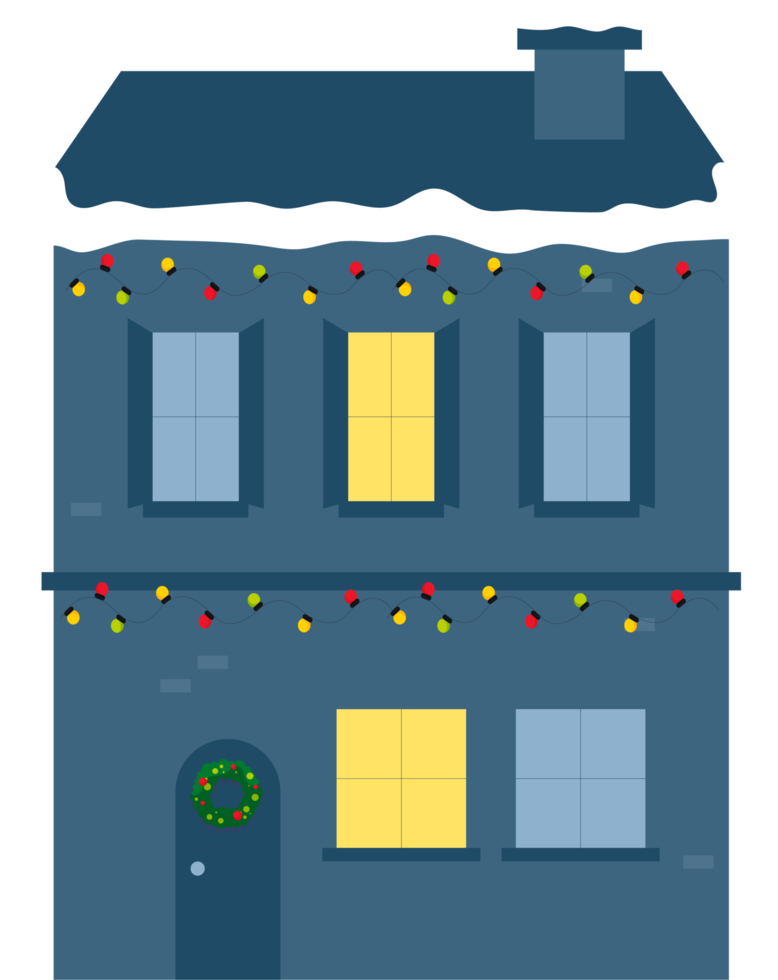 Houses in winter decorated for Christmas, in lights. png