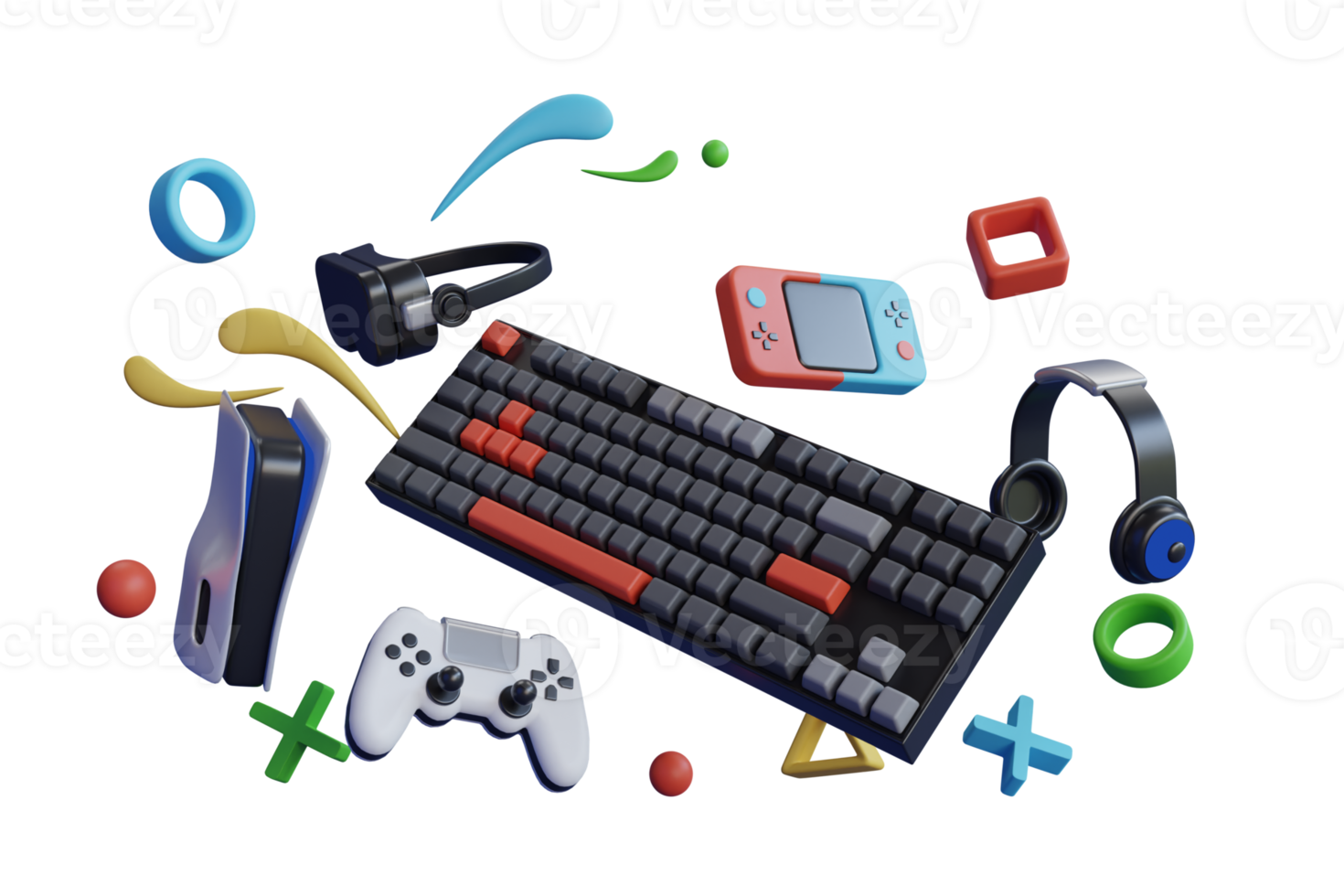 representación del modelo 3d del teclado para juegos. engranajes de jugador voladores como mouse, teclado, joystick, auriculares, auriculares vr, gamepad. teclado de juego colgado con equipo de juego. representación 3d png