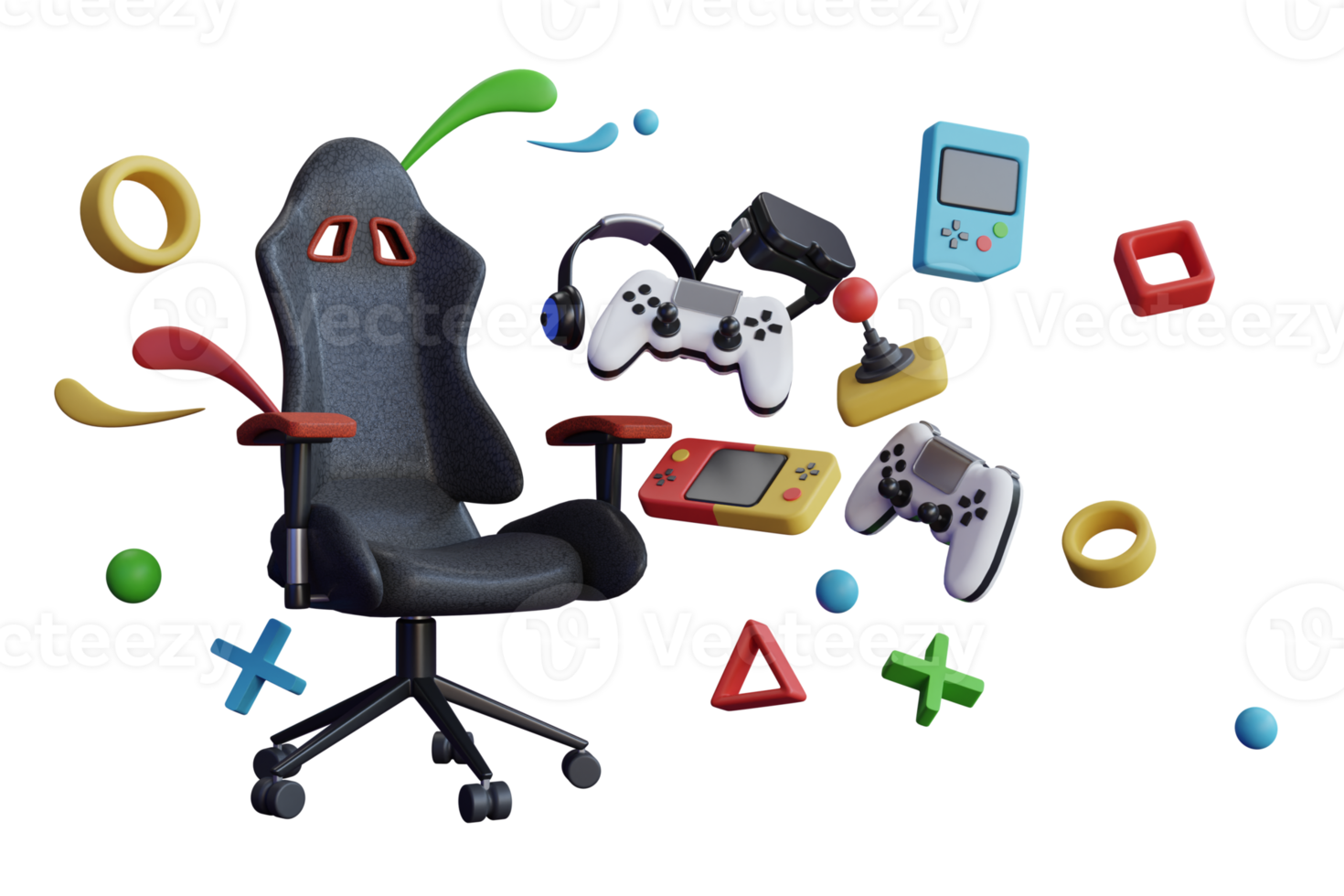 Gaming Chair 3D model rendering. E sports Gamepad. Gaming Chair console hanging with gaming equipment. 3d rendering png