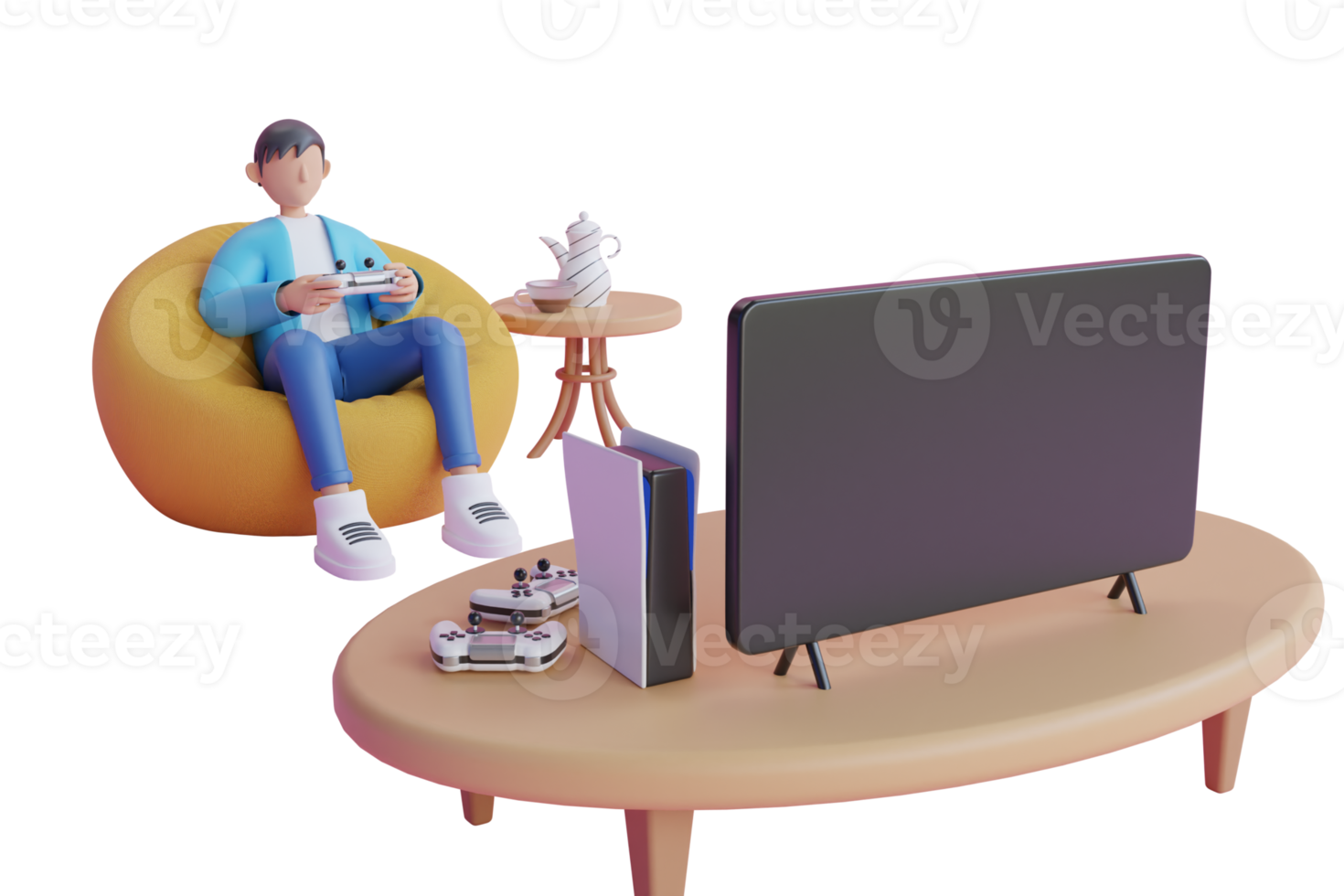 3D  man playing game in sofa. Cartoon character man on red bag armchair play video game. plays video games on the computer. 3d illustration. png