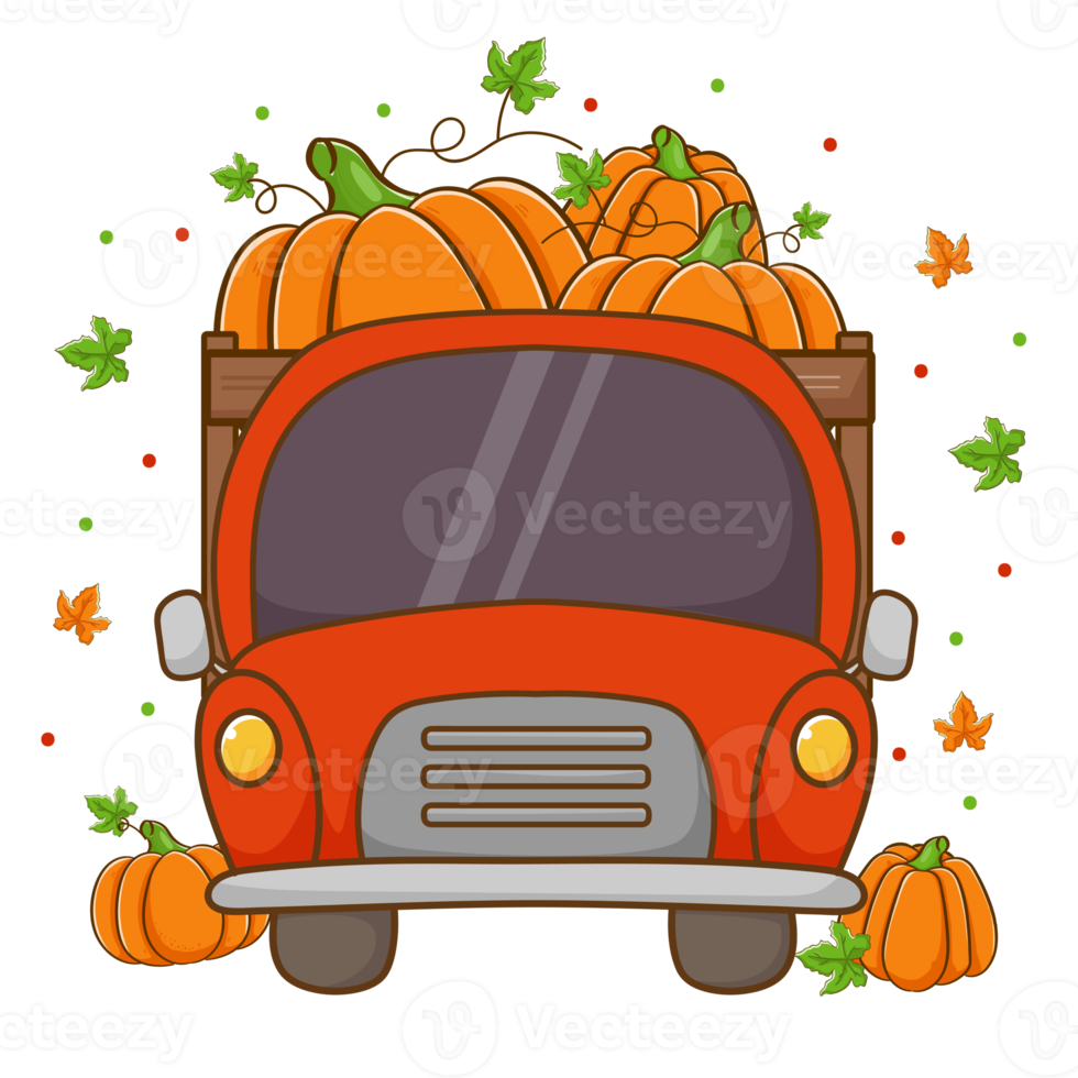 Hand drawn truck harvest pumpkin cartoon. Thanksgiving greeting card. png