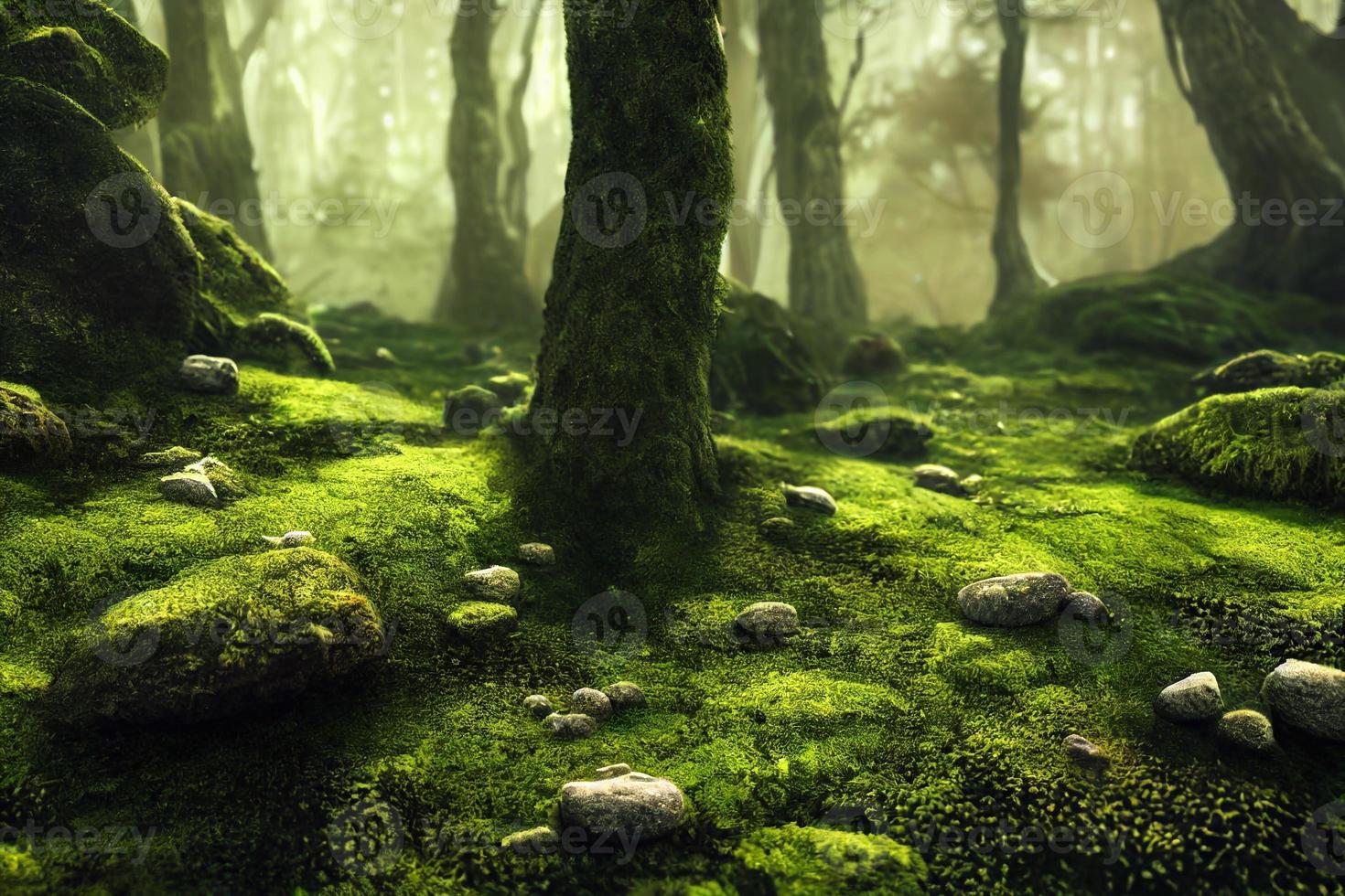 A computer generated illustration of lush green moss on a forest floor with rocks and trees. A.I. generated art. photo