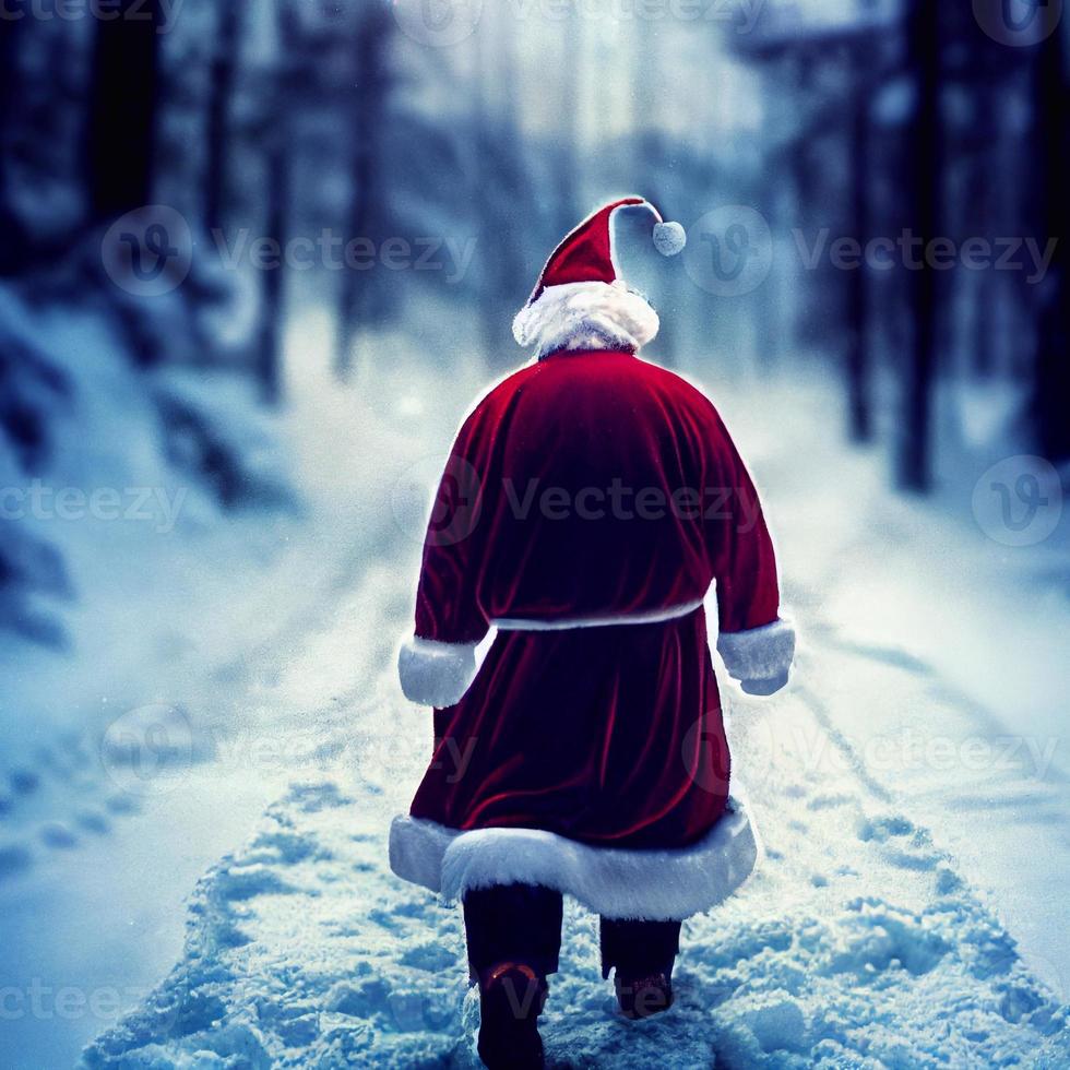 The back of a lone figure dressed as Santa Claus walking away from the camera in a cold wintery snow scene background. A.I. generated art. photo