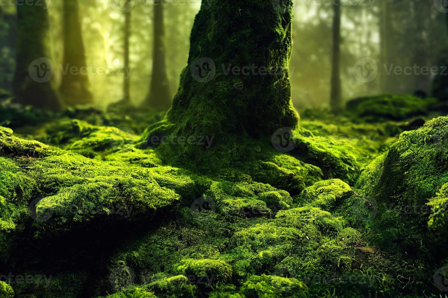 A computer generated illustration of lush green moss on a forest floor with rocks and trees. A.I. generated art. photo